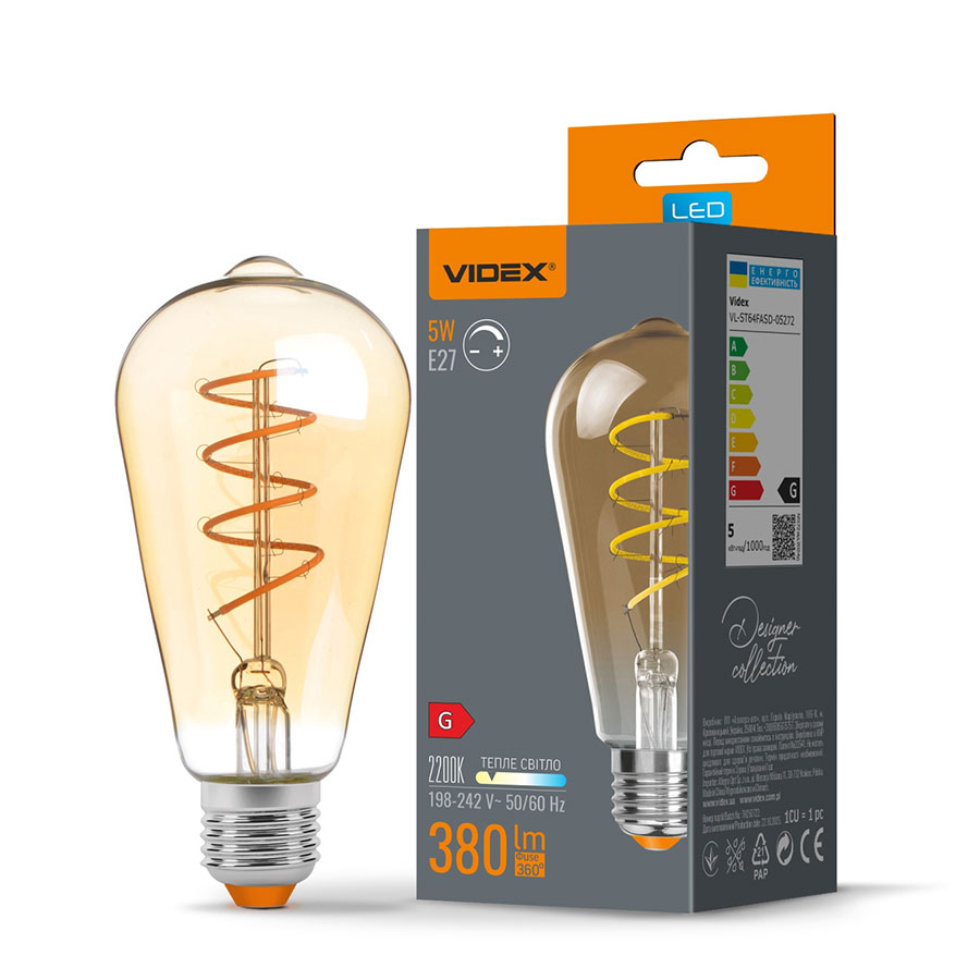 LED лампа Filament ST64FASD 5W E27 2200K 220V димерна VL-ST64FASD-05272