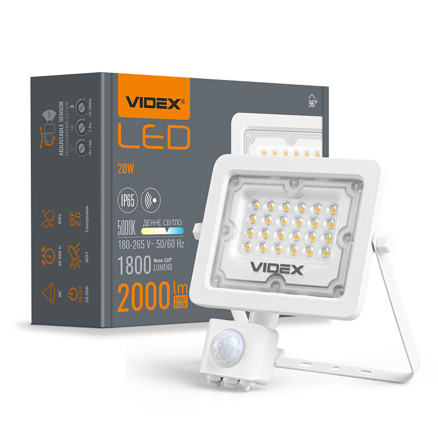 Прожектор LED 20W 2000 Lm 5000K 220V IP65 білий з датч.руху та освітл. VL-F2e205W-S