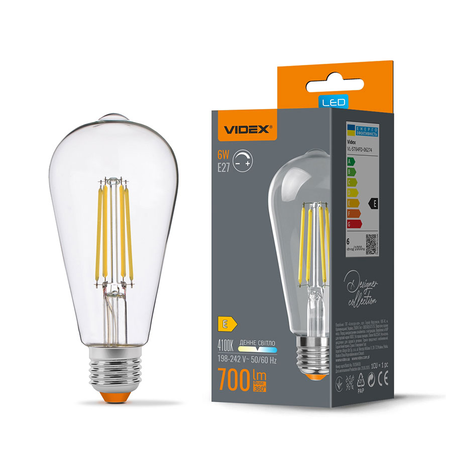 LED лампа Fіlament ST64FD 6W E27 4100K 220V дим. VL-ST64FD-06274