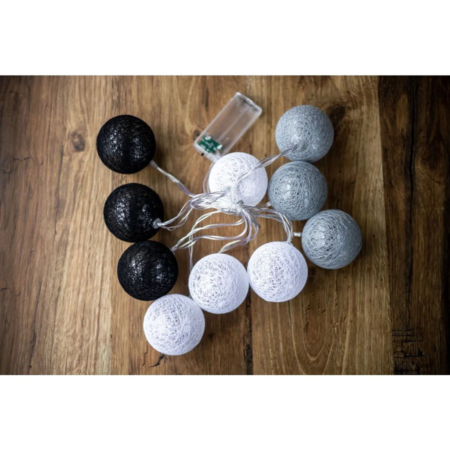 Гірлянда “Бавовняні кульки”, чорно-білі, теп-білий колір, 10LED, 2М, 2хАА (BPNY)