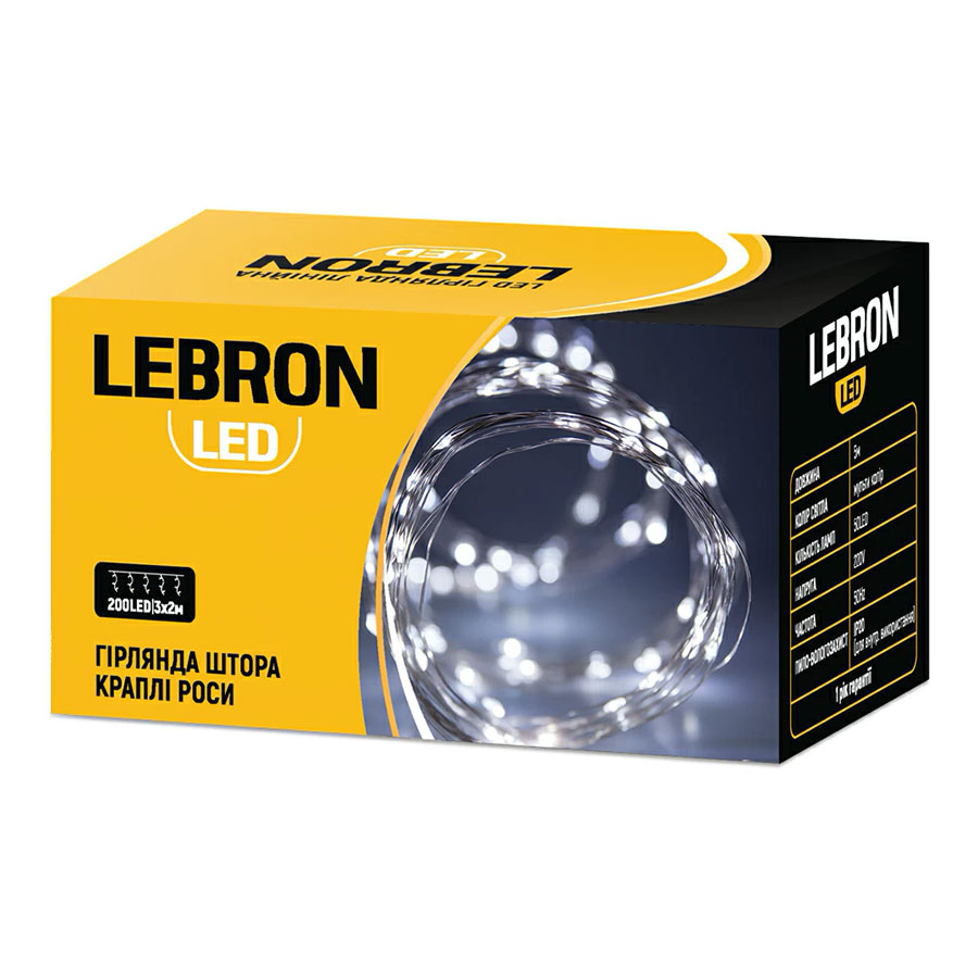 Гірлянда LED штора 3х2м, краплі роси, 200LED, жовта, USB, пульт ДК, IP20