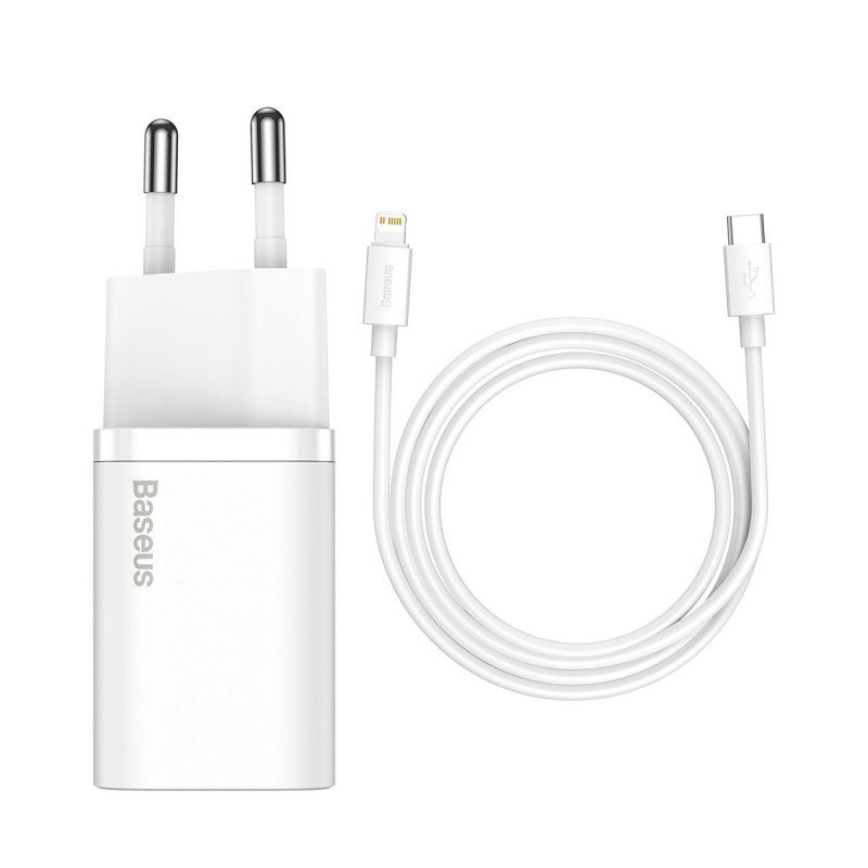 Мереж. заряд. пристр. 20W USB Type-C + кабель Type-C to Lighting білий, Baseus Super Silicone PD Bas