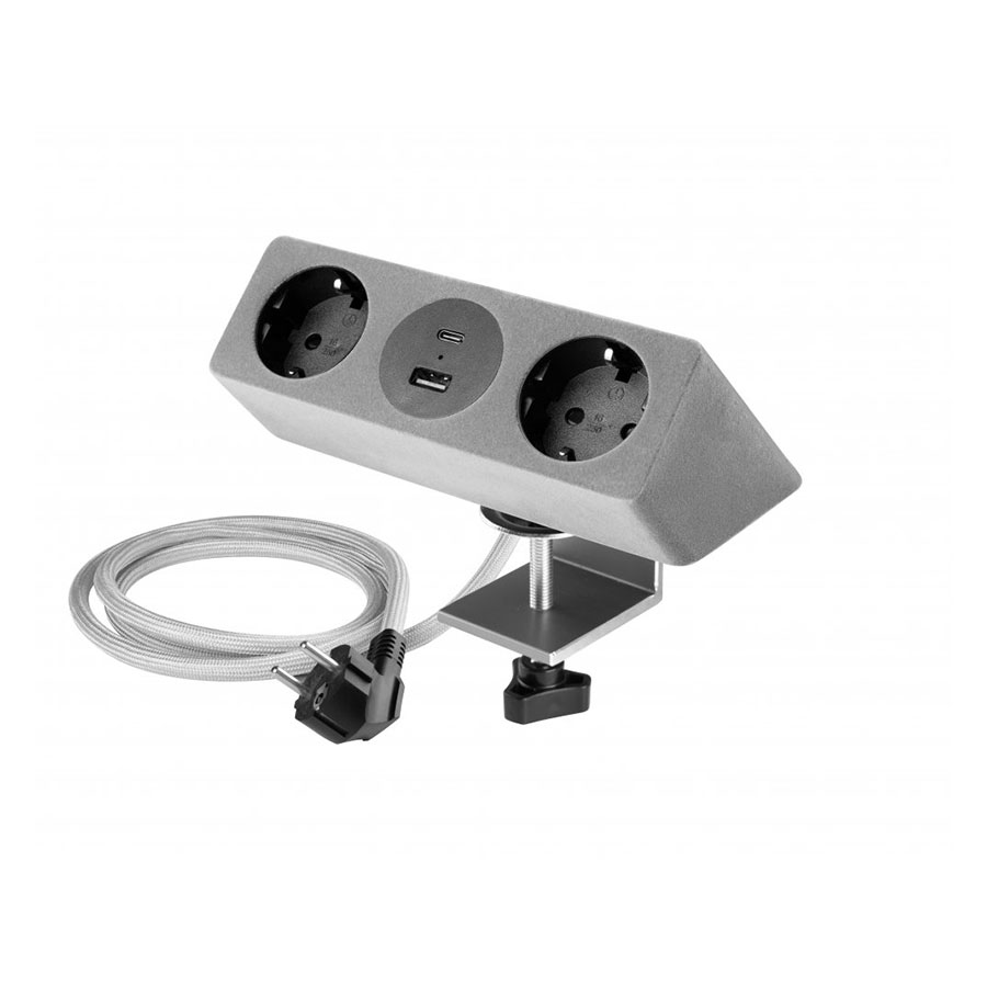 Розетка меблева SOFITO, 2 гнізда, USB A+C, кабель 1.5 м, сірий флок