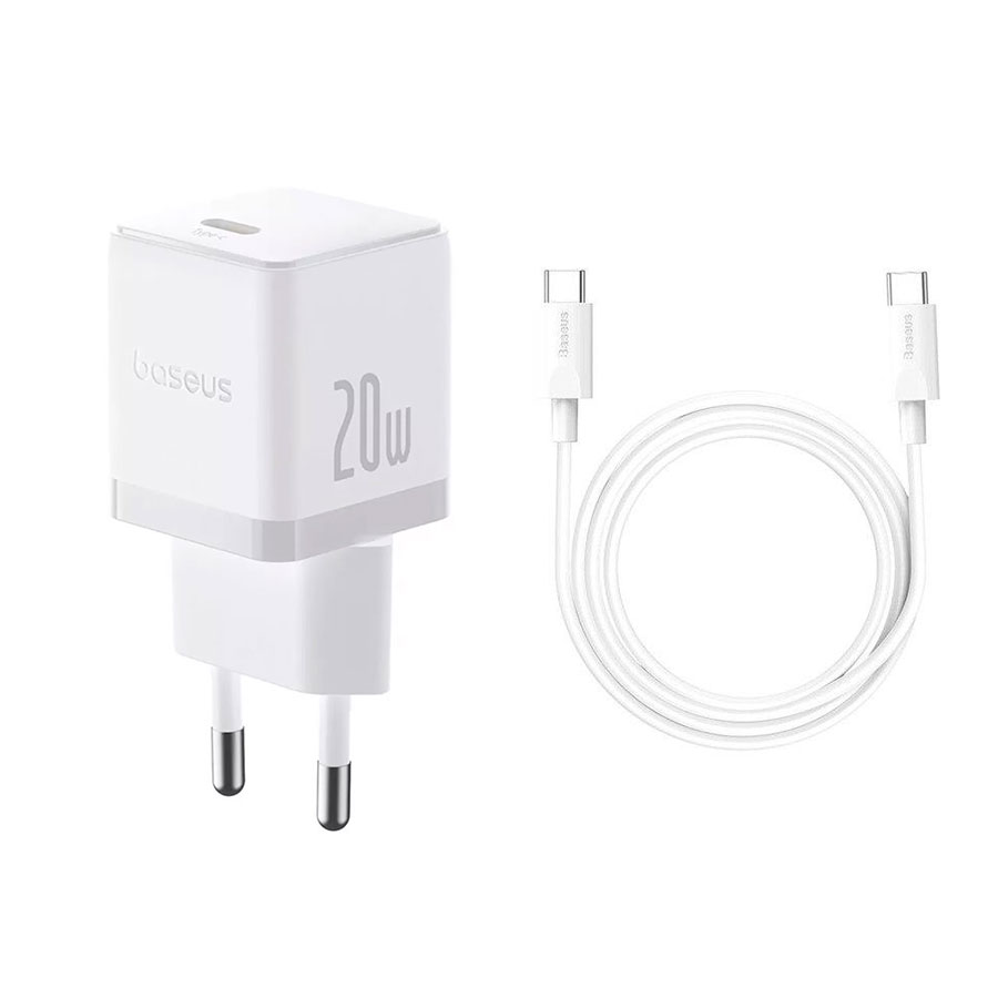 Мереж. заряд. пристр. 20W  USB Type-C + кабель Type-C to Type-C 60W 1m, біл., Baseus Palm Fast Charg