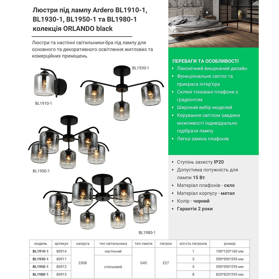 Накладний світильник Ardero BL1930-1 ORLANDO під лампу чорний 100197 Накладний світильник Ardero BL1930-1 ORLANDO під лампу чорний 100197