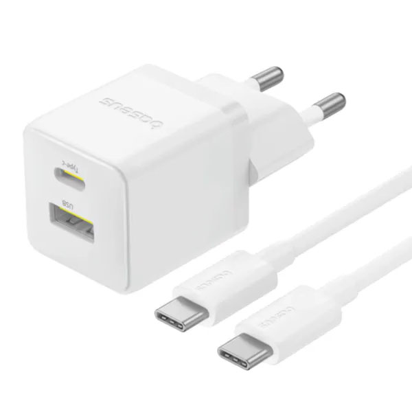 Мереж. заряд. пристр. 30W Type-C + USB + Кабель Type-C to Type-C 60W 1m білий., Baseus Palm Fast Cha
