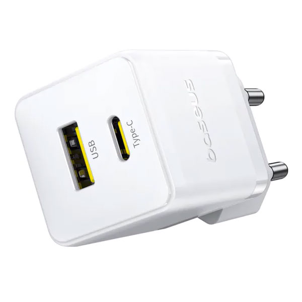 Мереж. заряд. пристр. 30W Type-C + USB + Кабель Type-C to Type-C 60W 1m білий., Baseus Palm Fast Cha