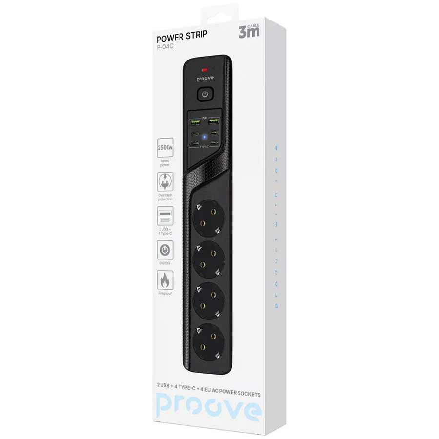 Мережевий фільтр 4 гнізда + 2 USB + 4 Type-C 3м чорний Proove Power Strip P-04C